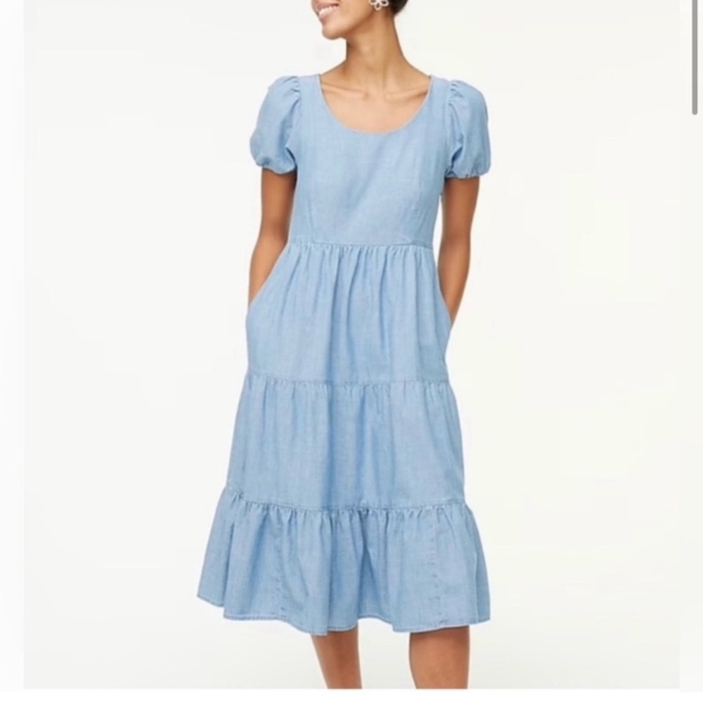 J. Crew Tiered‎ Chambray Dress size 6 casual midi puffy dress nautical beach